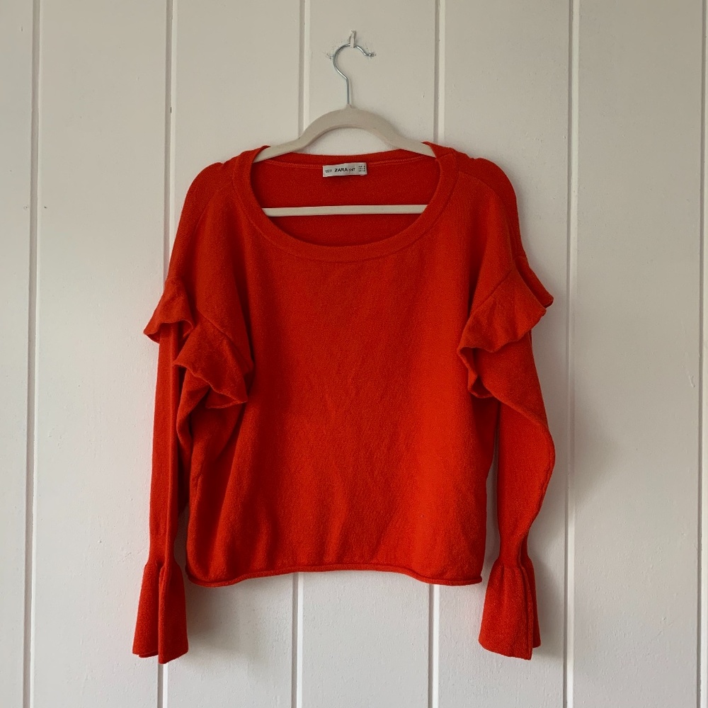 ZARA Red Ruffle Sleeve Knit Top